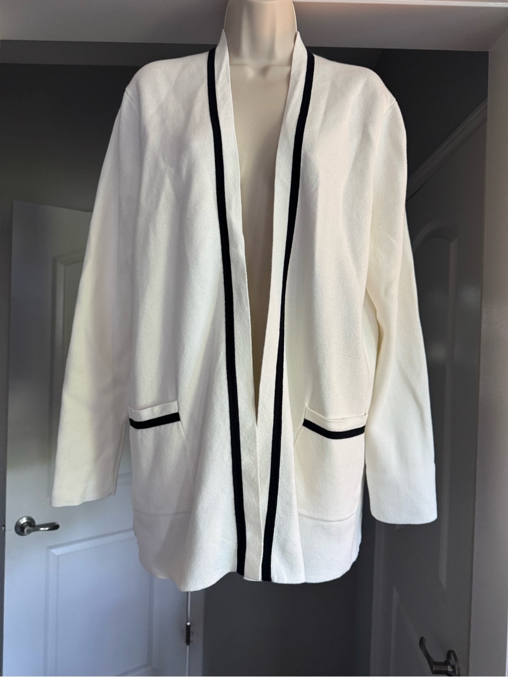 J. Crew Factory Ivory Black Trim Open Front Cotton Cardigan Sweater L